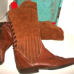 VTG 70's Italian Caramel Suede&Leather Mid-Calf Boots w Rear "Bustier" 8M